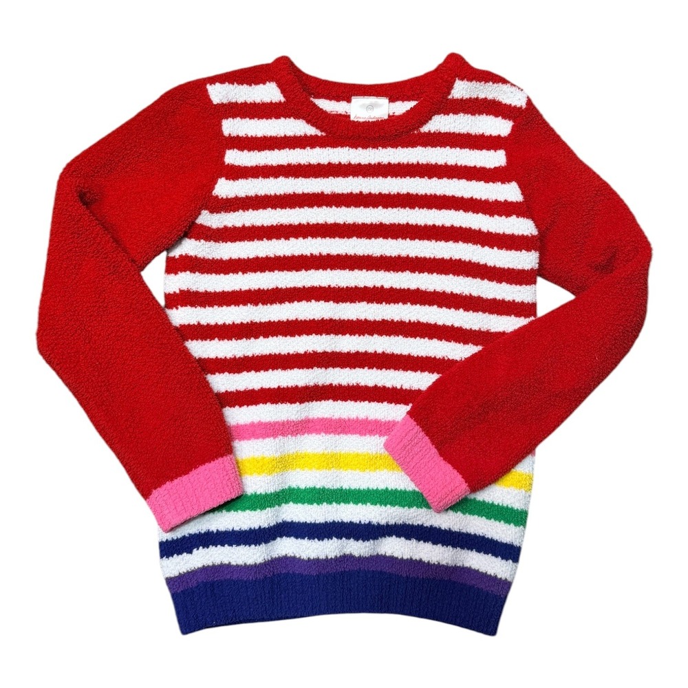 Hanna Andersson Sweater Kids 150 12 Red Striped Rainbow Fuzzy Knit Crew Neck Top